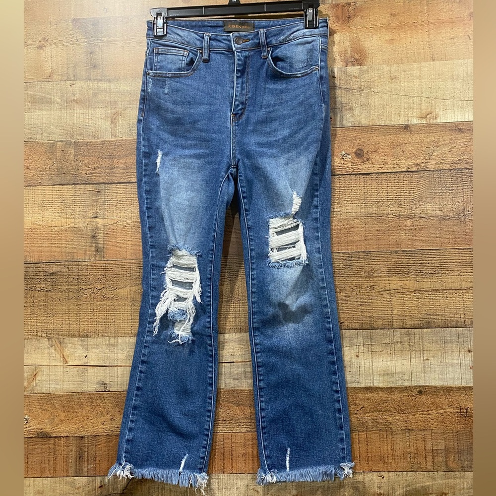 Risen High Rise Distressed Ankle Straight Raw Hem Jeans Size 11